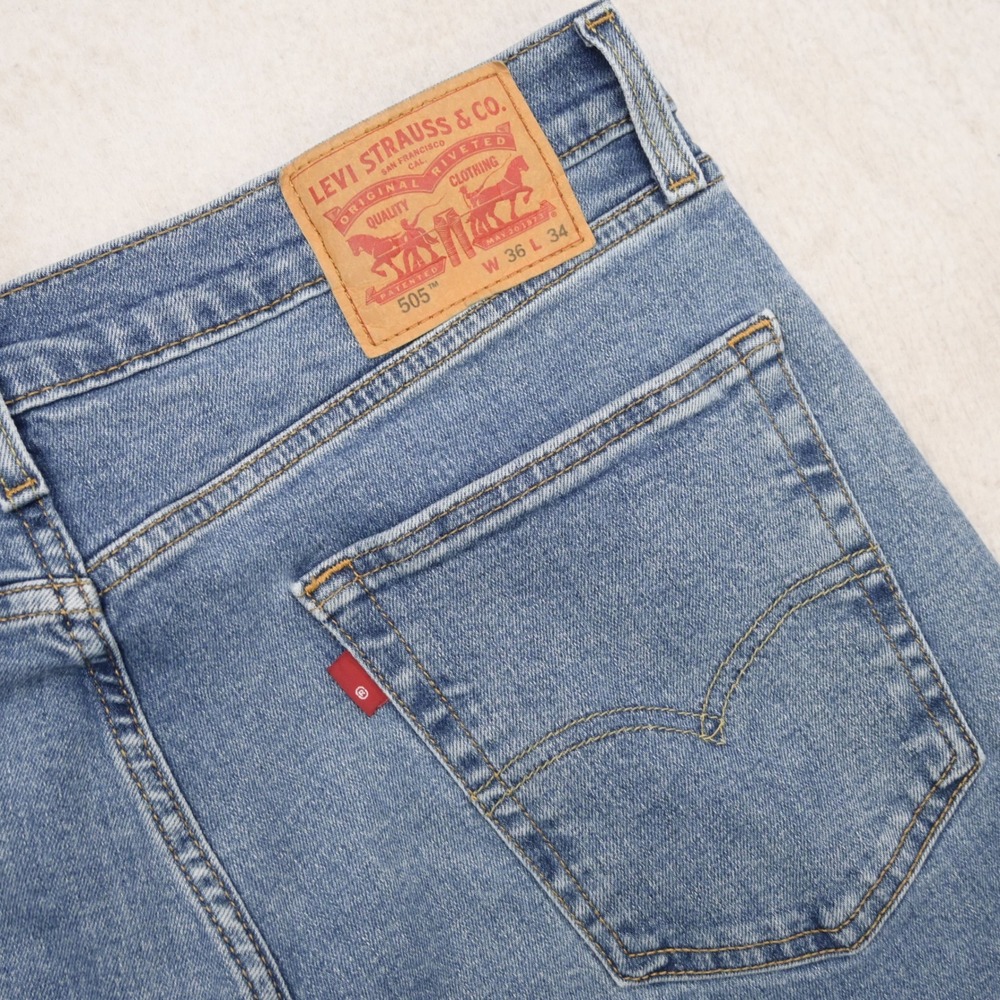 Levi's 505 Regular Fit Stretch Denim Jeans Mens 36x34 Blue Straight Leg